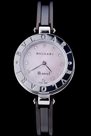 Bvlgari B.zero1 Gentle Pink Dial Black Diamonds Indexes Stainless Steel Case Black Steel Bangle Watch BV027