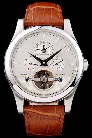 Jaeger-LeCoultre Master Control Flying Tourbillon Perpetuel Silver Dial Arrow Scale Dauphine Hand Brown Strap Watch