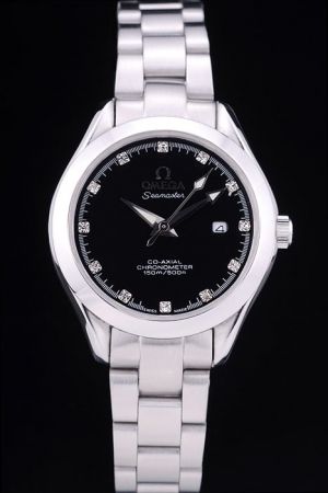 Lady Rep Omega Seamaster Co-axial Chronometer Black dial Diamonds Marker Luminous Pointer H-shaped Steel Bracelet Quartz Watch