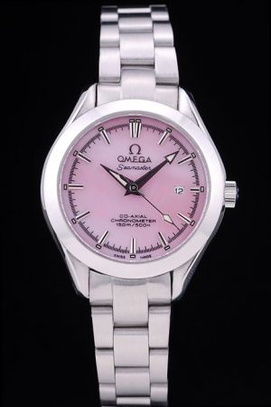 Girls’ Rep Omega Seamaster Co-axial Chronometer 150m/500ft Pink Dial Stick Marker Luminous Hand H-shaped Steel Bracelet Watch