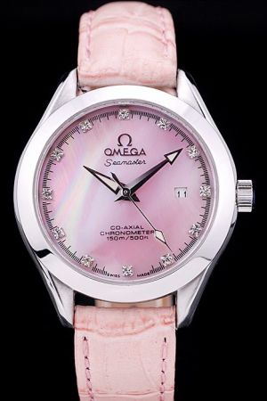 Women Omega Seamaster Co-axial Chronometer Pink Dial&Strap Diamonds Scale Luminous Dauphine Pointer Quartz Fake Watch