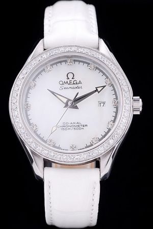 Fake Lady Omega Seamaster Co-axial Chronometer Diamonds Bezel White Dial/Strap Luminous Dauphine Index Diamonds/Stick Scale Watch
