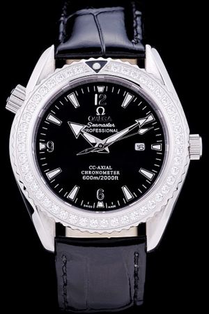 Omega Seamaster Chronometer Diamonds Seriated Bezel Black Dial&Strap Luminous Stick Scale/Arrow Pointer Fake Girl Watch