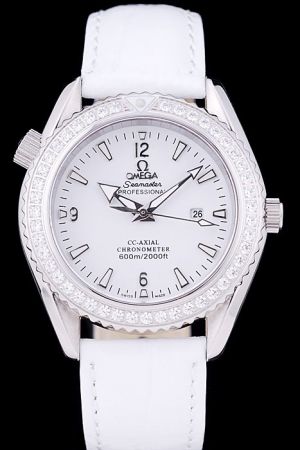 Lady Omega Seamaster Chronometer Diamonds Seriated Bezel White Dial&Strap Luminous Marker Arrow Hand Date Watch