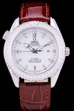 Omega Seamaster Chronometer 32mm Diamonds Seriated Bezel Luminous Stick/Arabic Scale Arrow Pointer Brown Strap Lady Watch