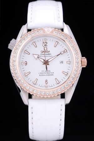 Women Omega Seamaster Chronometer Rose Gold Diamonds Seriated Bezel Luminous Stick/Arabic Scale Arrow Pointer White Strap Watch