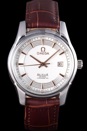 Men Omega De Ville Hour Vision Co-axial Chronometer White Dial With Circinate Pattern Rose Gold Marker/Hands Date Watch