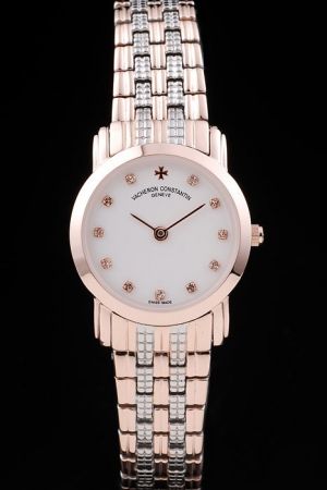 Cheap Rep Vacheron Constantin Patrimony Rose Gold Case Diamonds Marker Stick Hands Two-tone Bracelet Lady Quartz Watch