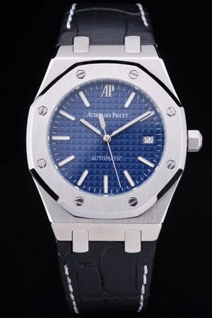 Audemars Piguet Royal Oak Blue Tapisserie Dial Silver Octangle Bezel Luminous Baton Scale Watch