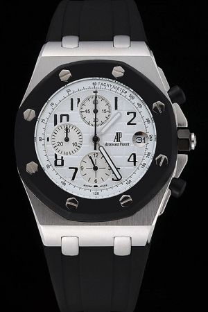 Fake AP Royal Oak Offshore White Tapisserie Dial Black Octagonal Bezel Arabic Marker Rubber Strap Watch