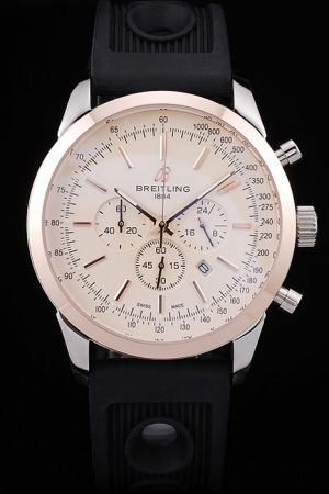 Men Breitling Transocean Two-tone Case Rose Gold Face Black Rubber Strap Watch