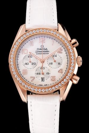 Lady Omega Speedmaster Chronometer Rose Gold Case Diamonds Bezel Arabic Marker Pencil Pointer White Strap Quartz Date Replica Watch