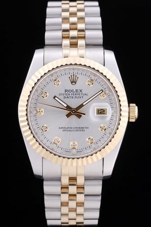 Rolex Datejust 18k Yellow Gold Fluted Bezel/Stick Hand Silver Dial Diamonds Scale 2-Tone SS Jubilee Wristband Knockoffs Watch