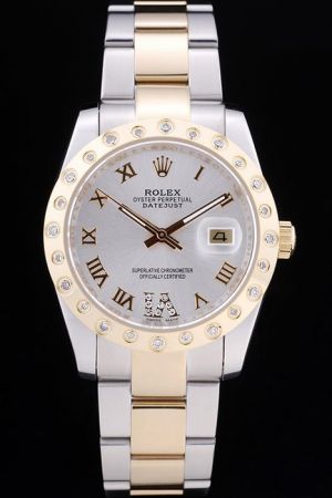 Luxury Replica Rolex Datejust Oyster Perpetual Gold Diamond Bezel Silver Dial Roman Marker Two-tone Bracelet SS Men Watch
