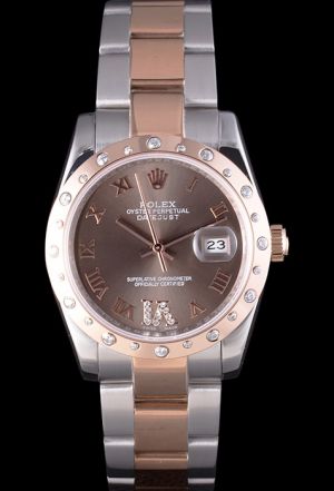 Rep Rolex Datejust Rose Gold Diamonds Inlaid Bezel Brown Dial Diamond Roman Ⅵ Numeral Stick Pointers Two-tone Steel Bracelet Watch Ref 178341-72161