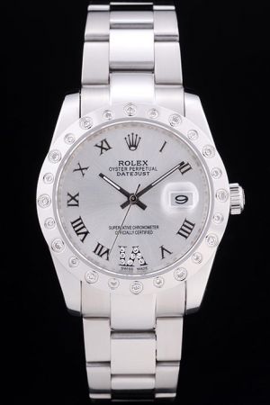 Unisex Rolex Datejust Diamond Bezel Silver SS Case/Bracelet Diamond Roman Ⅵ Numeral Convex Lens Date Window  Watch