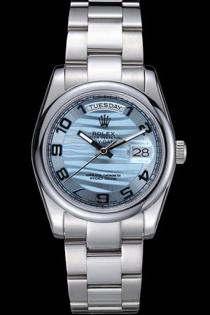 Rolex Day-date Round Bezel Blue Wave Dial Arabic Marker Luminous Hand Steel Bracelet Automatic Date Week Watch Ref.118209