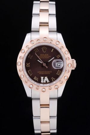 Rolex Datejust Pearlmaster Rose Gold Diamonds Inlaid Bezel Brown Dial Roman Numerals Convex Lens Date Window Two-tone Bracelet Ladies Watch