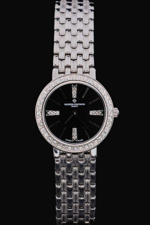Lady VC Patrimony Full-set Diamonds Case Black Dial Stick Diamonds Marker Glyptic Stainless Steel Bracelet Quartz Watch