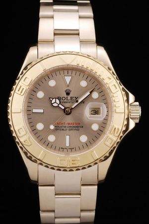 Women Rolex Yachtmaster 18K Yellow Gold Flexible Bezel/Steel Bracelet Gold Dial Luminous Dots Scale/Mercedes Hand Date Watch