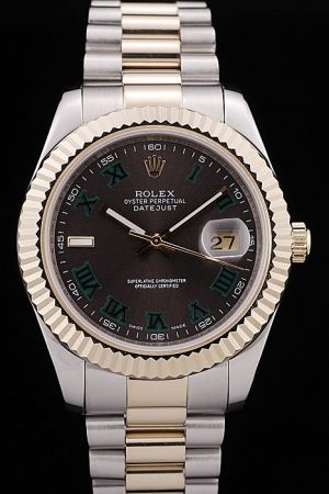 Women Rolex Datejust Gold Fluted Bezel Green Roman Numeral Luminous Pointer Convex Lens Date Window Two-tone Steel Bracelet Watch