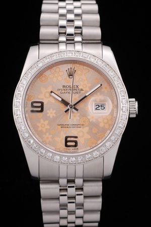 Unisex Rolex Datejust Diamonds Bezel Orange Floral Motif Dial Big Arabic Scale Luminous Stick Hand Steel Jubilee Bracelet Auto Watch