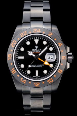 42mm Rolex Explorer Black PVD Case/Bracelet 24 Hours Bezel Luminous Dots Marker Mercedes Hand With Orange Index Men’s Date Watch