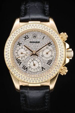 Lady Rolex Daytona 18k Gold Case/Pointers Diamonds Bezel/Dial Roman Marker Three Sub-dials Black Band Chronograph Watch
