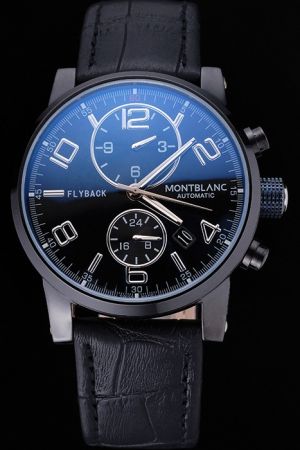 MontBlanc Great Timewalker Black Dial Ion-plated Bezel Black Leather Strap Flyback Mens Watch MO006