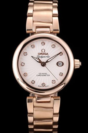 Lady Omega De Ville Co-Axial Chronometer Ladymatic Rose Gold Case/Bracelet White Dial With Ray Pattern Diamonds Scale Losange Hand Watch