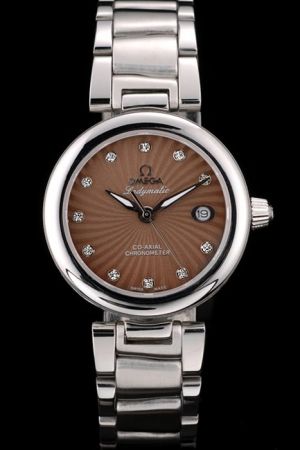 Women Omega De Ville Co-Axial Ladymatic Brown Dial With Ray Pattern Diamond Marker Luminous Hand Solid Bracelet Watch 425.30.34.20.57.004