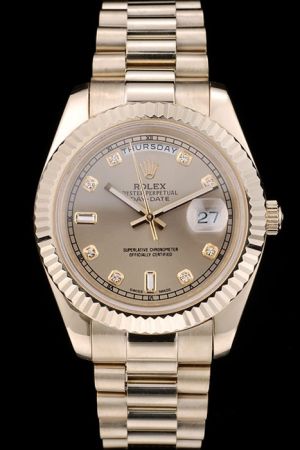 Fake Unisex Rolex Day-date Gold Fluted Bezel/Luminous Hand/Steel Bracelet Diamonds Marker Week Display SS Watch