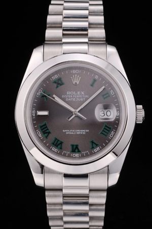 Rolex Datejust White Gold Case/Bracelet Grey Dial Green Roman Index Convex Lens Date Window Business Men's SS Watch