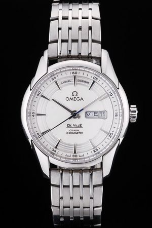 Rep Omega De Ville Hour Vision Co-axial White Dial With Circinate Pattern Blue Second Pointer Steel Bracelet Annual Calendar Watch 431.30.41.22.06.001
