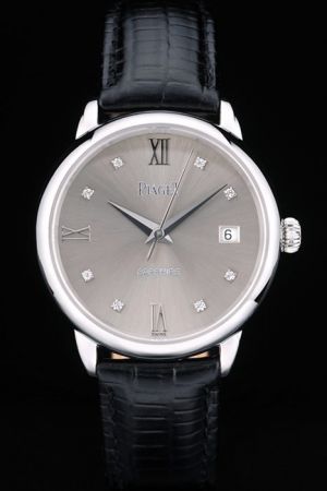 Men’s Piaget Traditional 37mm Rotund Case Grey Dial Diamonds Roman Scale Black Strap Automatic Date Watch