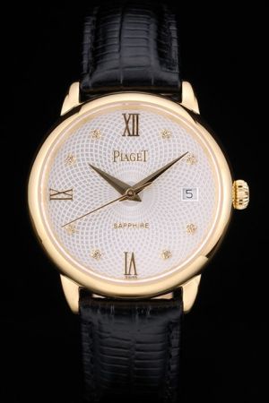 Swiss Rep Piaget Traditional Yellow Gold Case White Radial Mesh Dial Diamonds Roman Scale Dauphine Hand Date Watch