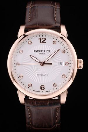 Patek Philippe Calatrava Rose Gold Case Diamonds Scale White Plicated Dial Watch