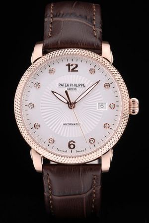 PP Calatrava Rose Gold Ribbed Bezel White Plicated Dial Diamonds Arabic Scale Watch