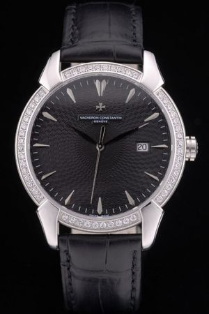 Men’s VC Traditionnelle Diamonds Bezel Black Textured Dial&Strap Arrow-shaped Scale Leaf Pointers Rep Watch 81180/000P-9539