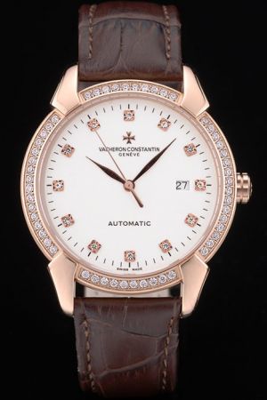 Vacheron Constantin Traditionnelle Diamonds Bezel&Marker White Face Rose Gold Case&Hands Chic Lugs Date Watch