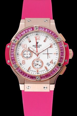 Hublot Luxury Cute Rectangle Jewels Gold Bezel Good Reviews Pink Rubber Strap Girl's Watch HU030