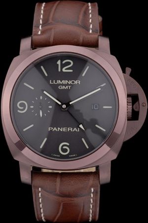 Panerai Luminor  PAM00320 Black Face Leather Strap Mens Brown Enamel GMT Date Watch PN130