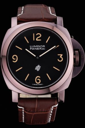 Panerai Luminor Brown Leather Strap Black Face Mens 43MM Automatic Watch PN131