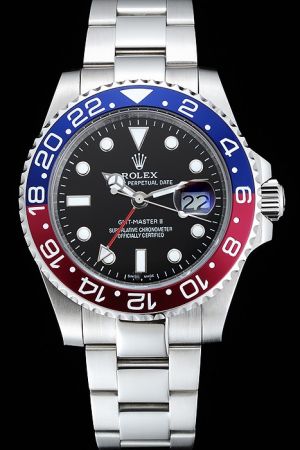 Rep Rolex GMT Master II Blue&Red Rotatable Bezel Black Dial Luminous Scale/Hand Date Display Window Silver Bracelet Men’s Watch
