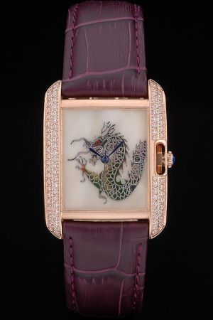 Cartier Tank All Diamonds Rose Gold Dragon Dial Dress Watch KDT234 Purple Leather Bracelet