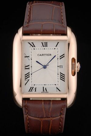 Nice Reviews Cartier Tank ref W1537651 Rose Gold Watch KDT225 Brown Lrather Strap Blue Hands