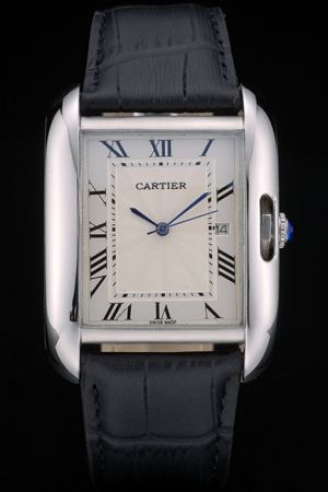 Cartier White Gold Tank Black Leather Wristband Nice Price  Suits Watch KDT226 