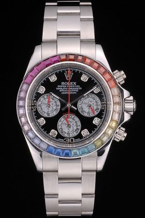Rolex Daytona Rainbow Diamonds Bezel Black Dial Diamonds Hour Scale Three Sub-dials Red Second Pointer SS Wristband Watch Ref.116599