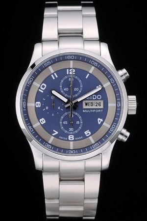  Mido Multifort Stainless Steel Case/Bracelet Blue Concentric Dial Arabic/Stick Scale Three Sub-dials Date Men Watch M005.614.11.057.01