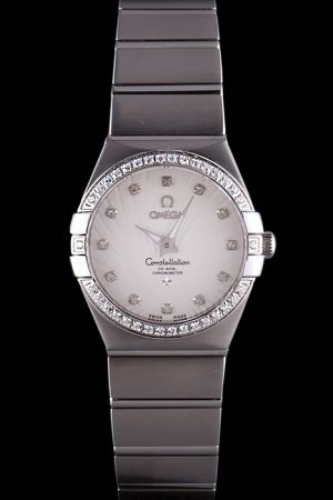 Phony Omega Constellation Co-Axial Chronometer Diamonds Bezel White Guilloche Dial Stainless Steel Bracelet Lady Watch 123.15.27.20.55.001